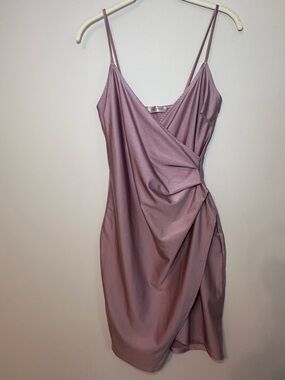 Misty Rose Womens Fitted Ruched Slit Dress in Shimmer Dusty Mauve Size S Party